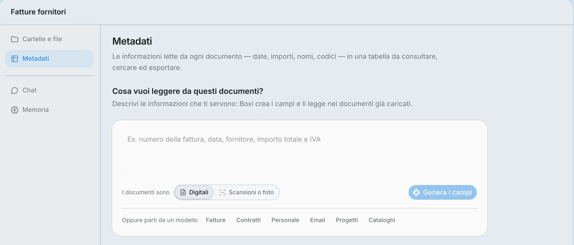 La sezione Metadati di una cartella senza campi, con il riquadro per descrivere cosa leggere